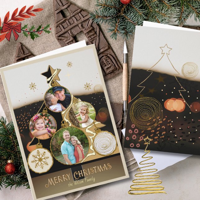 Warm Bokeh Black & Gold 4-Photo Christmas Tree  Holiday Card (Warm Bokeh Black & Gold 4-Photo Christmas Tree Holiday Card)