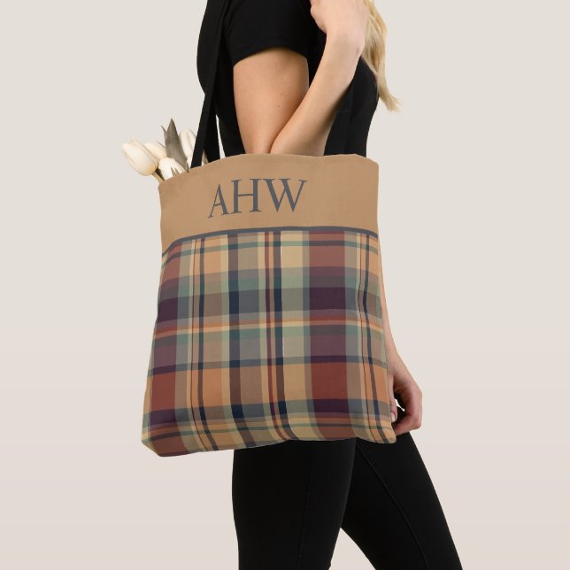 Warm Brown and Cream Plaid Monogram Tote Bag (Close Up)
