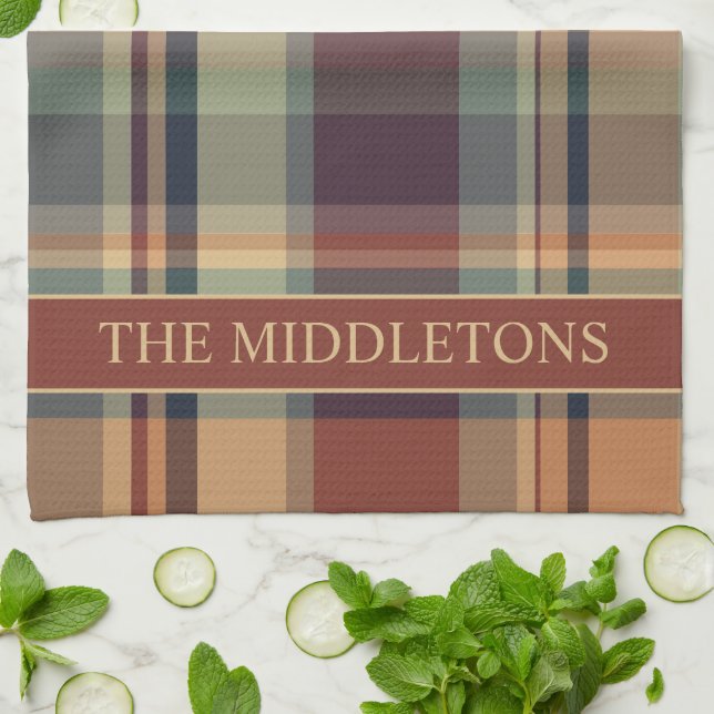 Warm Brown and Cream Plaid Personalized Kitchen Towel (Folded)