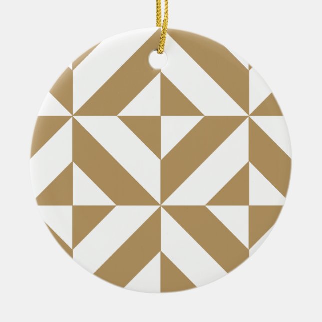 Warm Brown Geometric Deco Cube Pattern Ceramic Ornament (Front)