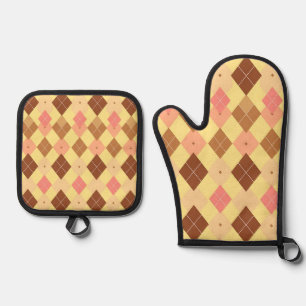 Warm Brown Pink Argyle Pattern Oven Mitt & Pot Holder Set