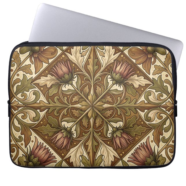 Warm Brown Thistle Floral Pattern Victorian Laptop Sleeve (Front)