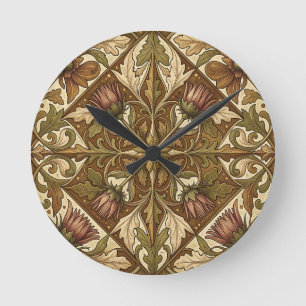 Warm Brown Thistle Floral Pattern Victorian Round Clock