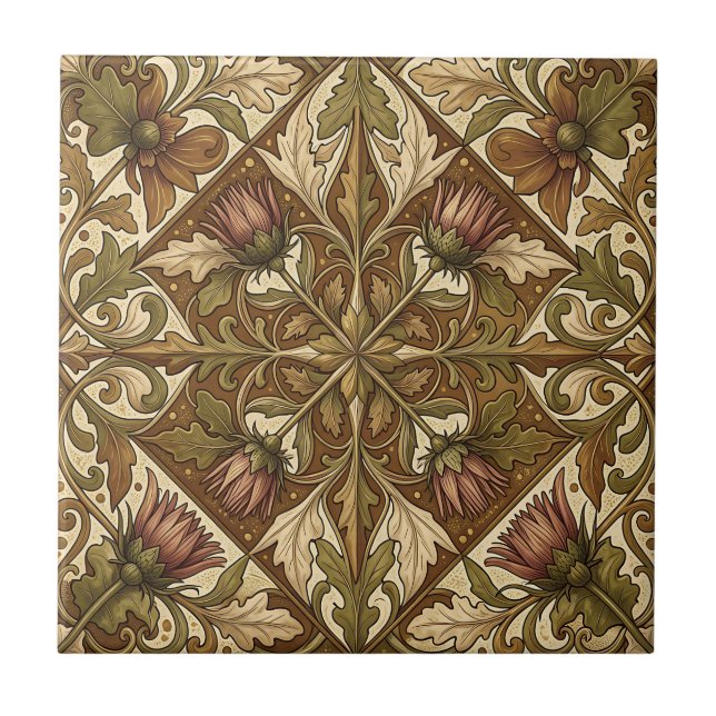 Warm Brown Thistle Floral Pattern Victorian Tile (Front)