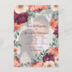 Warm Burnt Orange Burgundy Floral Wedding Photo Invitation