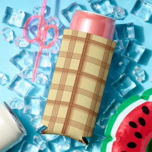 Warm Caramel Brown Plaid Aesthetic Seltzer Can Cooler