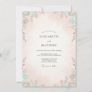 Warm Champagne Mint Leafy Wedding Invitation