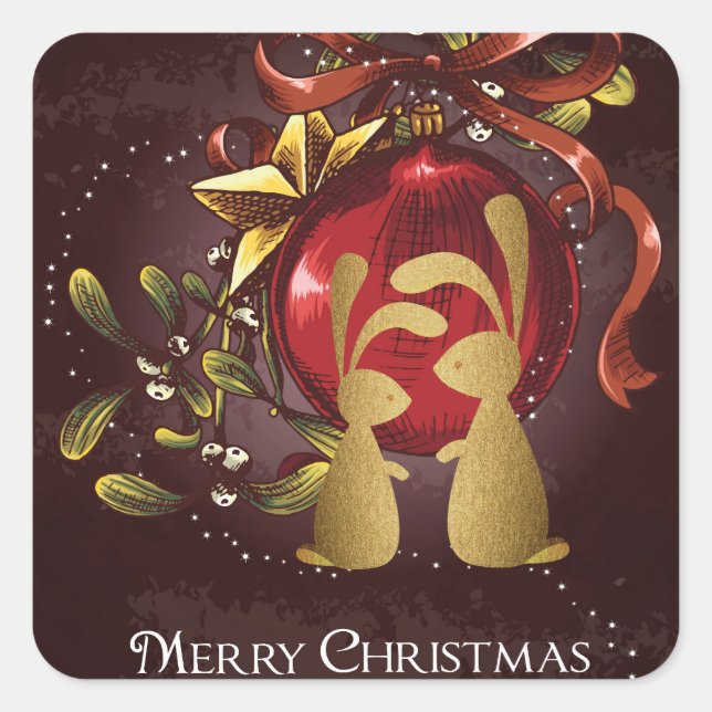 Warm Charming Bunnies n' Mistletoe Merry Christmas Square Sticker (Front)