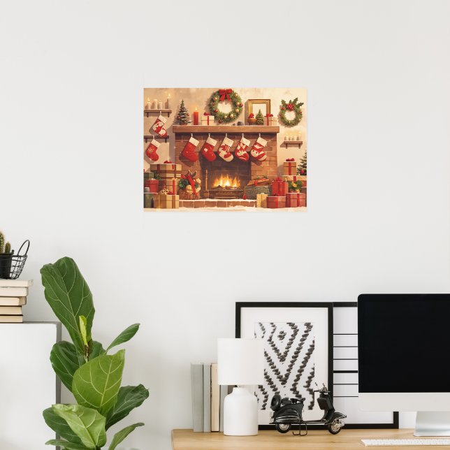 Warm Christmas Fireplace Scene Poster (Home Office)