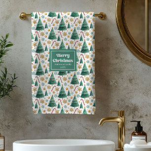 Warm Christmas trees red green gold bath towel