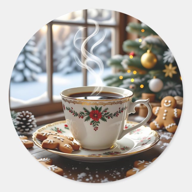 Warm Coffee and Gingerbread Cookies Christmas Classic Round Sticker (Front)