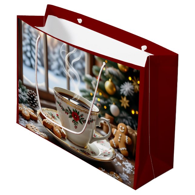 Warm Coffee and Gingerbread Cookies Christmas Large Gift Bag (Front Angled)