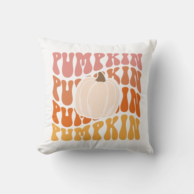 Warm Coloured Fall Retro Pumpkin Text Throw Pillow (Front)