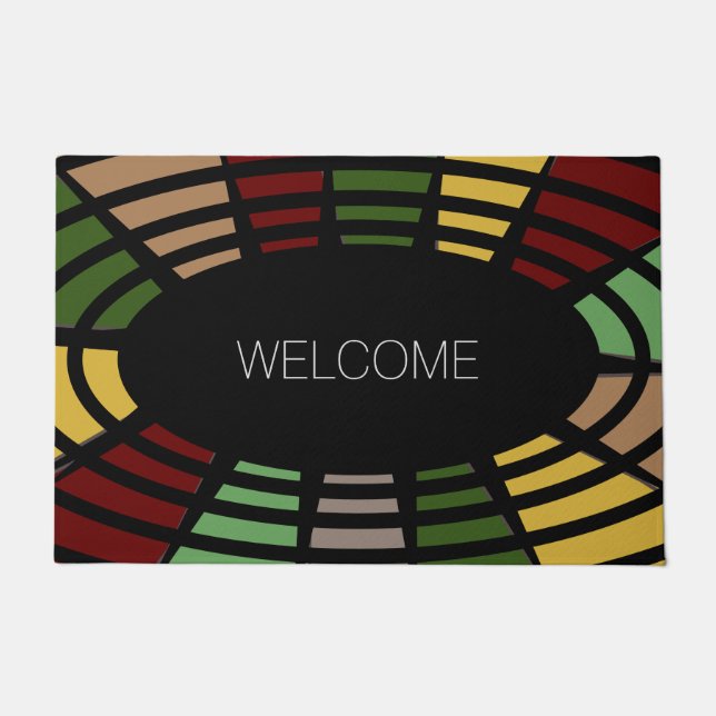Warm Colourful Mosaic Design on Black Welcome Doormat (Front)