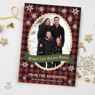 Warm & Cozy Holiday Wishes, Retro Plaid Snowflakes Card