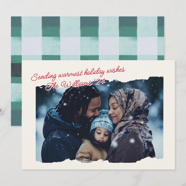 Warm Cozy Plaid Modern Photo Script  Holiday Card (Front/Back)
