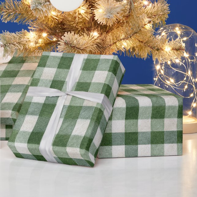 Warm Cream Green Plaid Stripes Christmas   Wrapping Paper (Holidays)