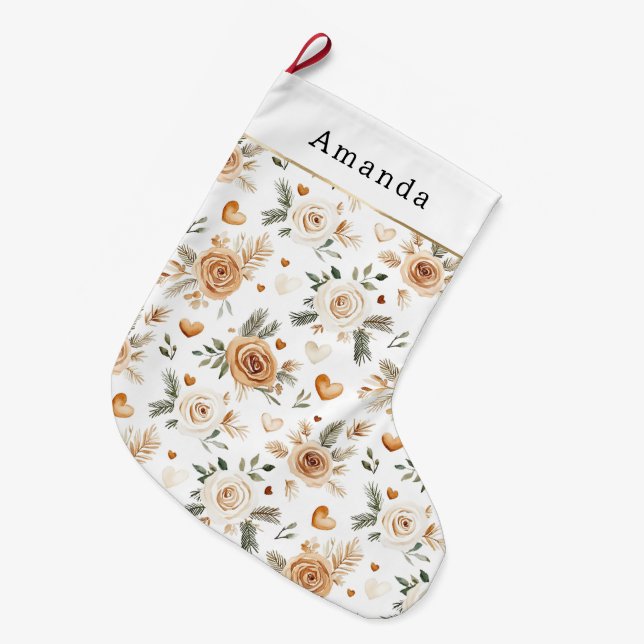 Warm Creamy Caramel Flowers & Hearts Christmas Large Christmas Stocking (Front (Hanging))