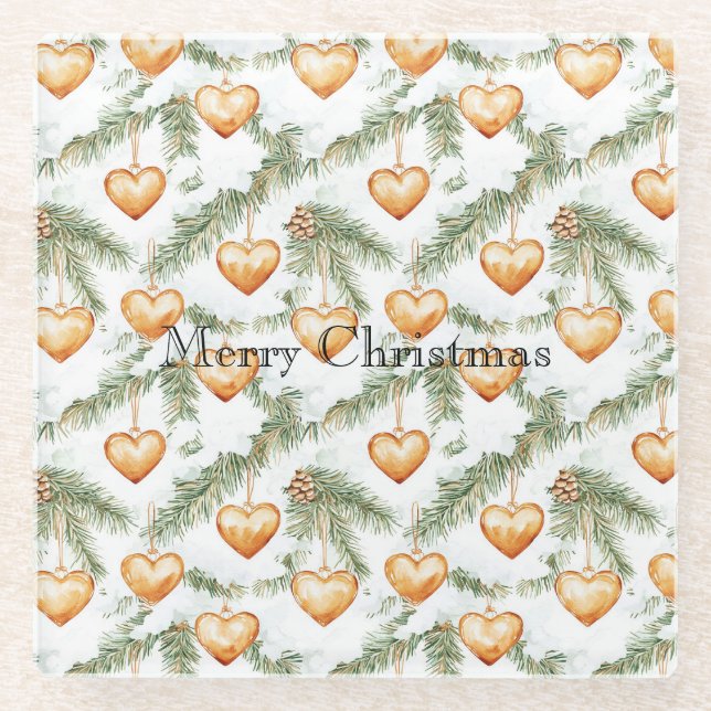 Warm Creamy Caramel Hearts Christmas Tree Branches Glass Coaster (Front)
