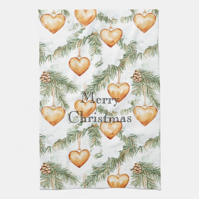Warm Creamy Caramel Hearts Christmas Tree Branches Kitchen Towel (Vertical)