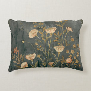 Warm Dark Grey Peach Sage Vintage Wildflower Accent Pillow
