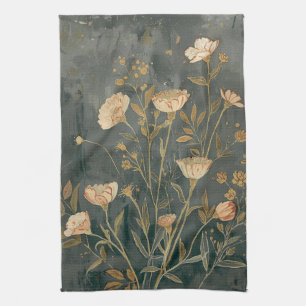 Warm Dark Grey Peach Sage Vintage Wildflower Kitchen Towel