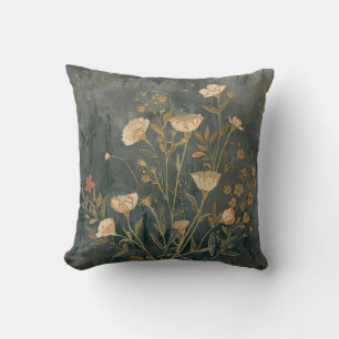 Warm Dark Grey Peach Sage Vintage Wildflower Throw Pillow