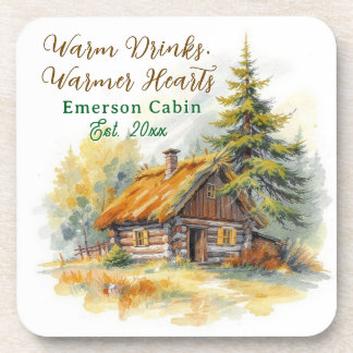 Warm Drinks, Warmer Hearts, Log Cabin Personalized Coaster