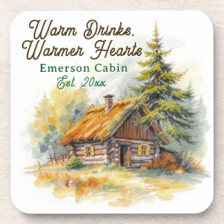 Warm Drinks, Warmer Hearts, Log Cabin Personalized Coaster