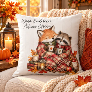 Warm Embrace Autumn Grace Fox & Raccoon Cuddles Throw Pillow