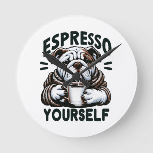 Warm Espresso Bulldog - Cozy Coffee  Round Clock