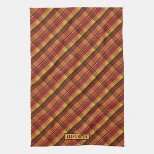 Warm Fall Tones Autumn Plaid Pattern & Name Kitchen Towel