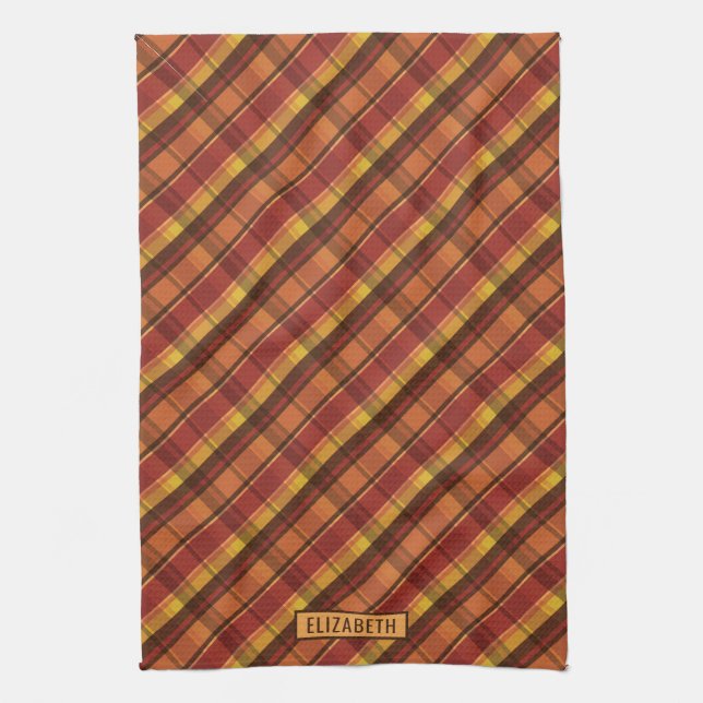 Warm Fall Tones Autumn Plaid Pattern & Name Kitchen Towel (Vertical)