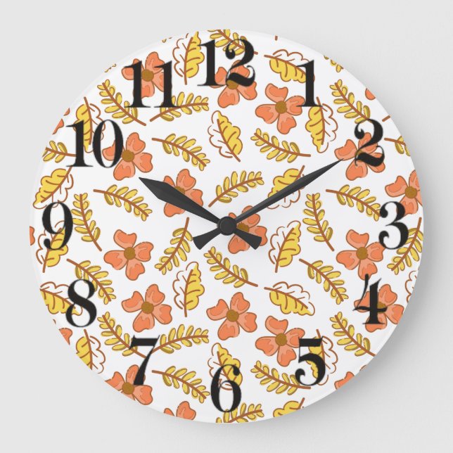 Warm Falling Autumn Leaves with Flowers Large Clock (Front)