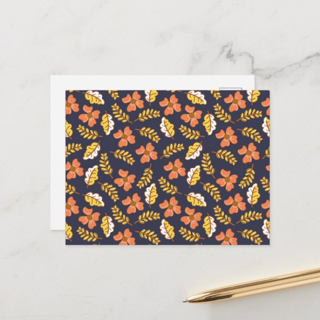 Warm Falling Autumn Leaves with Flowers Postcard (Front/Back In Situ)