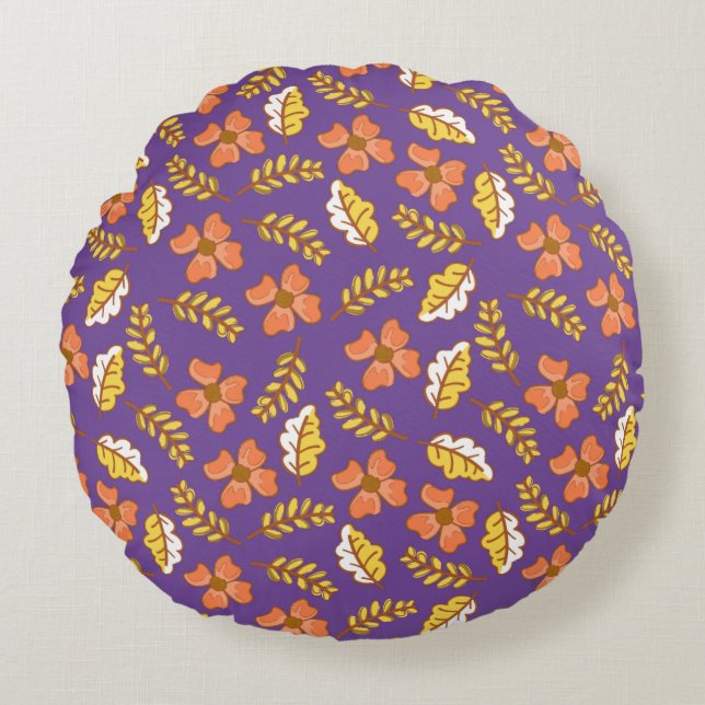 Warm Falling Autumn Leaves with Flowers Round Pillow (Front)