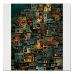 Warm Favela Hillside at Dusk Cozy Urban Landscape Poster