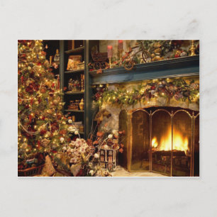 Warm Fireplace By The Christmas Tree Holiday Postcard