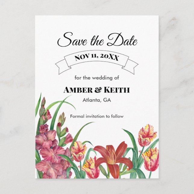 Warm Gladioli Tulip Lily Wedding Save The Date Announcement Postcard (Front)