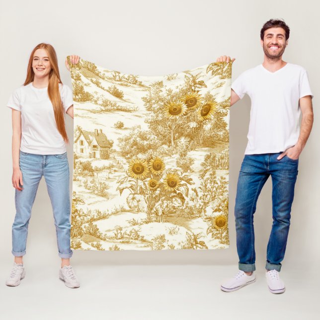 Warm Gold Farmhouse Sunflower Toile Pattern Fleece Blanket (In Situ)