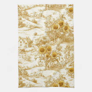 Warm Gold Farmhouse Sunflower Toile Pattern Kitchen Towel