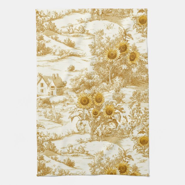 Warm Gold Farmhouse Sunflower Toile Pattern Kitchen Towel (Vertical)