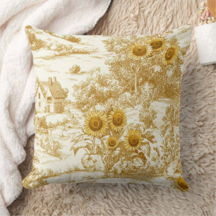 Warm Gold Farmhouse Sunflower Toile Pattern Throw Pillow