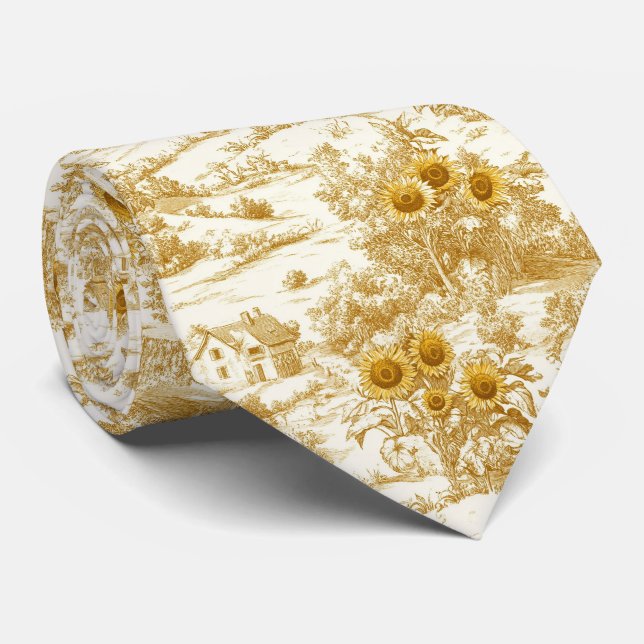 Warm Gold Farmhouse Sunflower Toile Pattern Tie (Rolled)