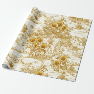 Warm Gold Farmhouse Sunflower Toile Pattern Wrapping Paper