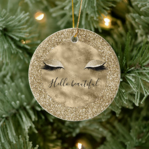 Warm Gold Glam Glitter Glitz Eyelashes Ceramic Ornament