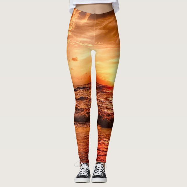 Warm Golden Orange Sunset Over Ocean  Leggings (Front)