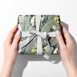Warm Green Banana Leaf Oasis with Cockatoos Wrapping Paper