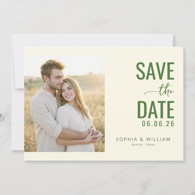 Warm Green Minimalist Photo Save The Date (Front)