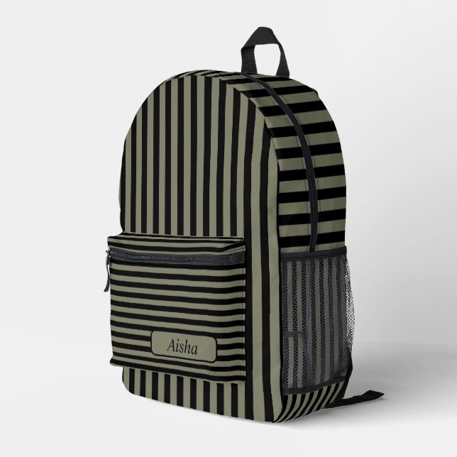 Warm Grey Black Vintage Striped Name Printed Backpack (Back Corner Right)
